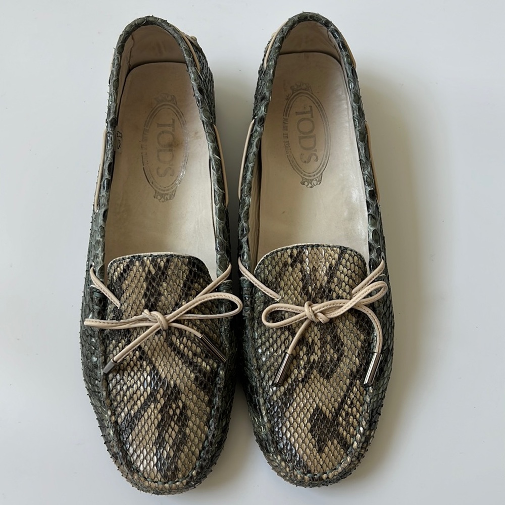 Tod’s Moccasin Loafers Women’s Snake Python Olive, Sage, Neutrals Driving Shoe
